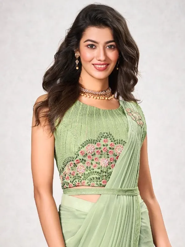 Pista green wedding wear saree with waist belt