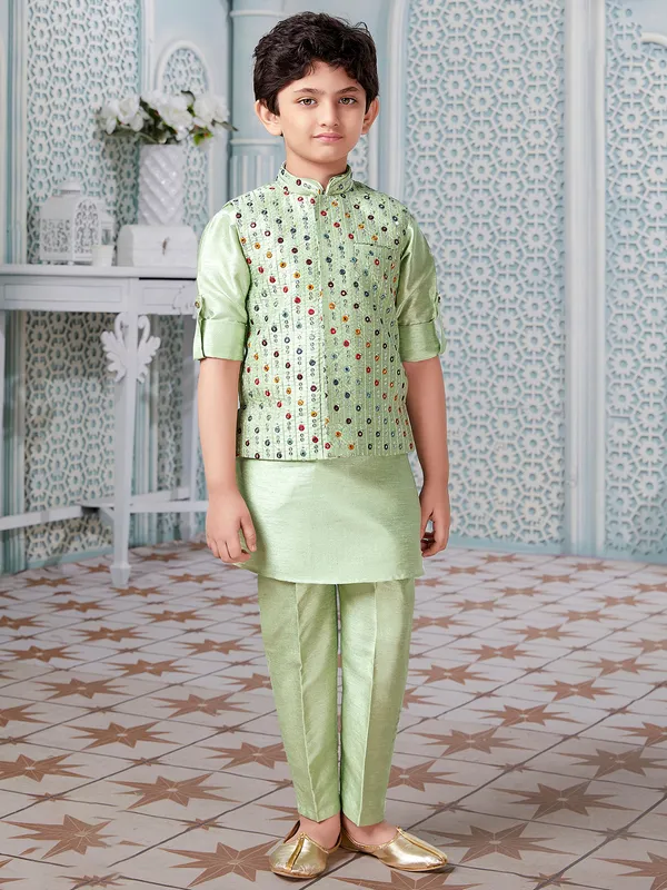 Pista green wedding wear silk waistcoat set