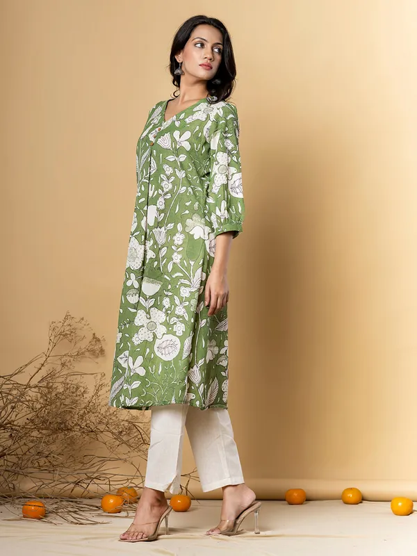 Pista green women kurti set in cotton silk