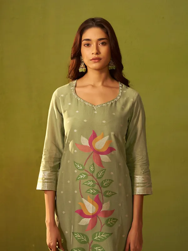 Pista green zari weaving silk kurti set