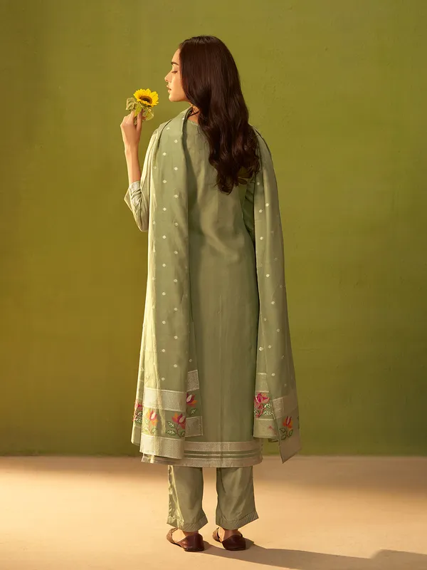 Pista green zari weaving silk kurti set