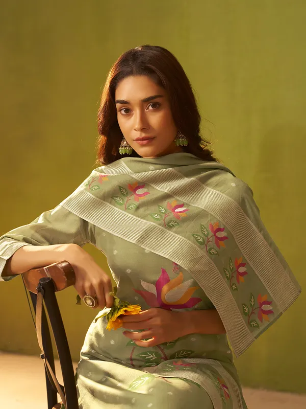 Pista green zari weaving silk kurti set