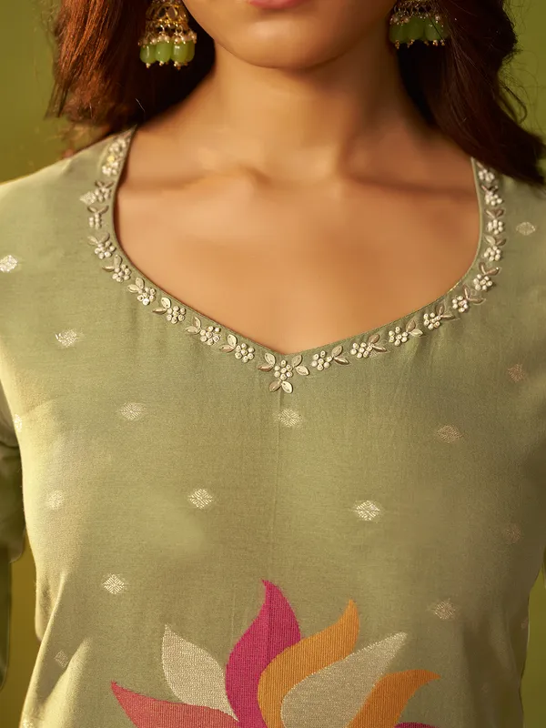 Pista green zari weaving silk kurti set