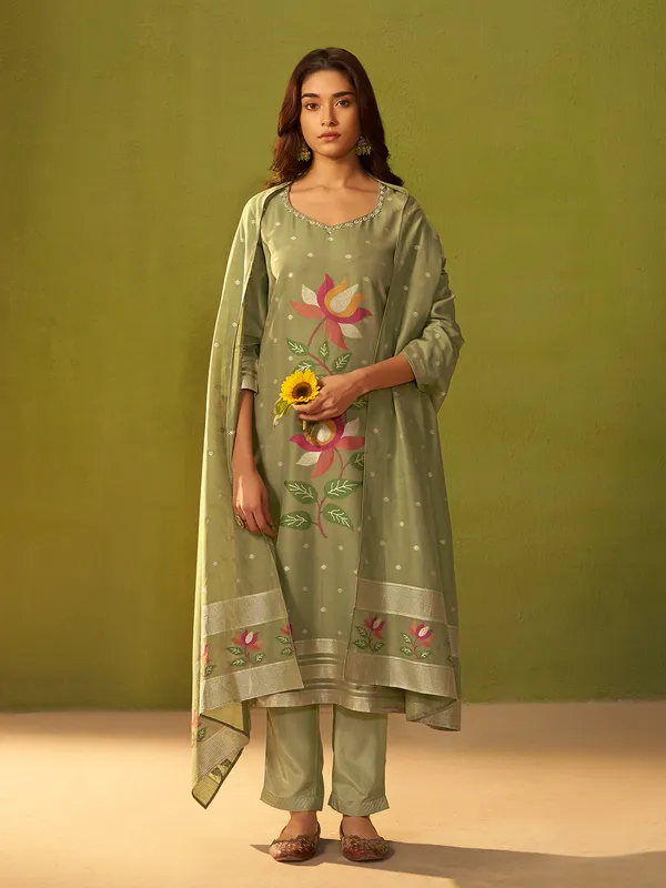 Pista green zari weaving silk kurti set