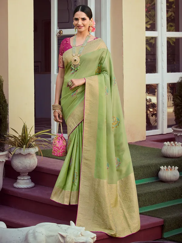 Pista green zari weaving silk saree