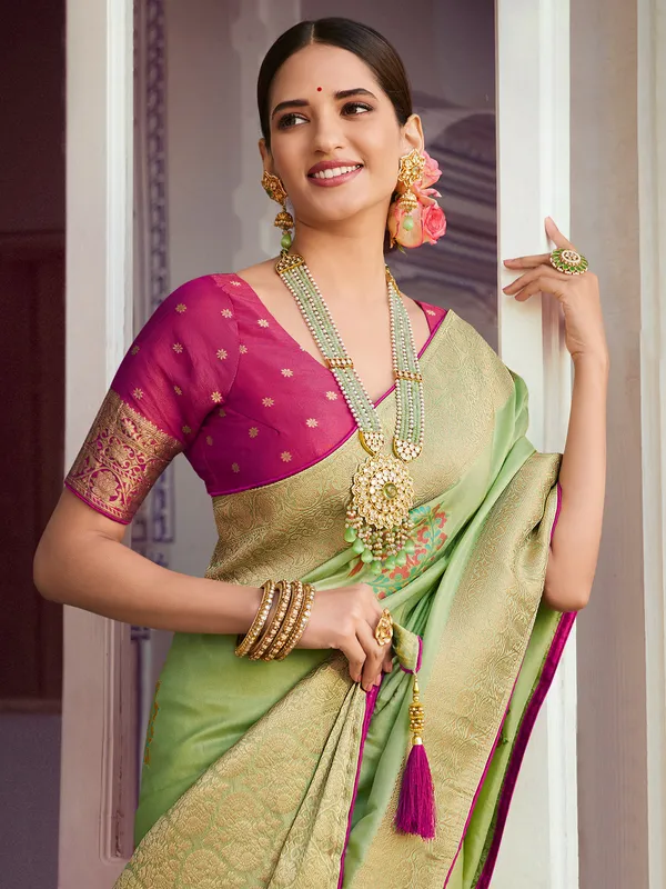 Pista green zari weaving silk saree