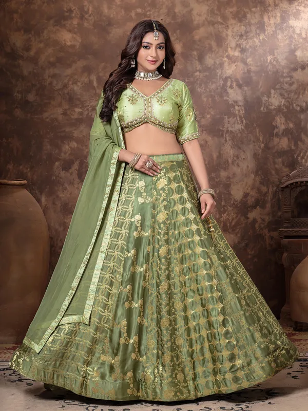 Pista green zari worked lehenga choli in silk