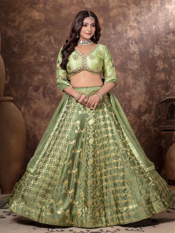 Pista green zari worked lehenga choli in silk