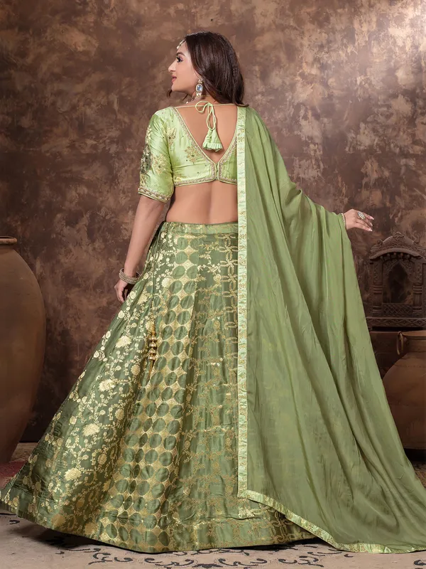 Pista green zari worked lehenga choli in silk
