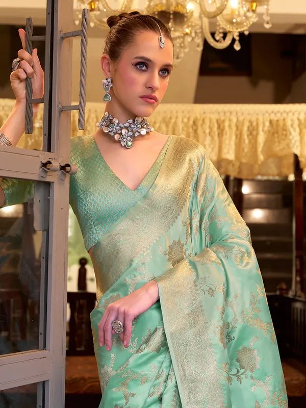 Pista green zari worked satin silk saree