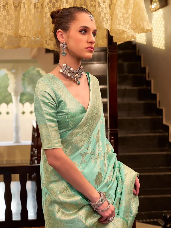 Pista green zari worked satin silk saree
