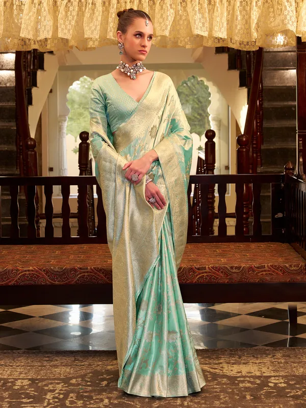Pista green zari worked satin silk saree
