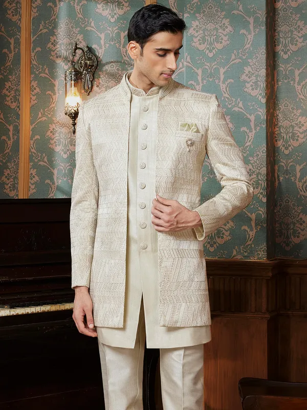 Pista shade textured raw silk indowestern for men