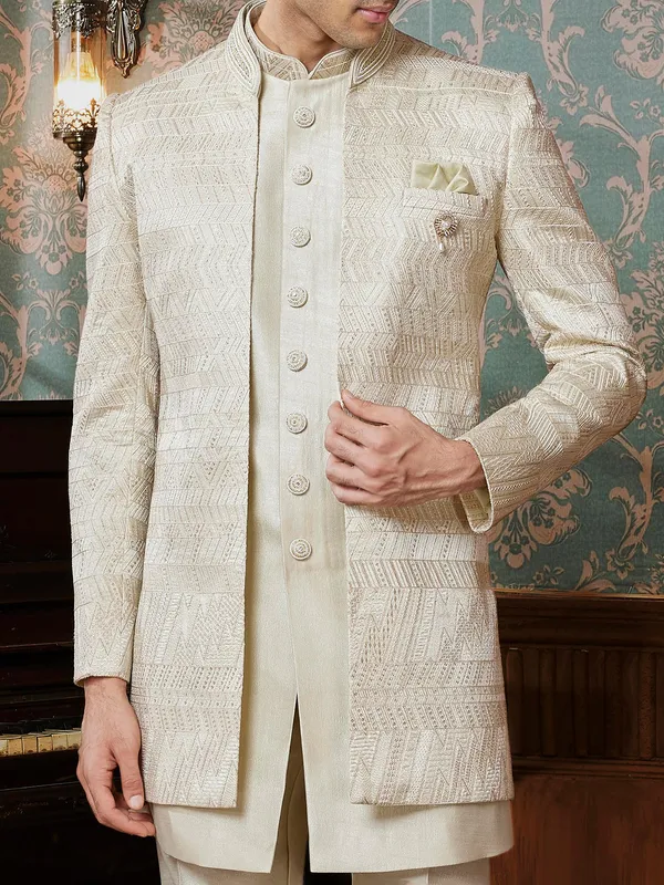 Pista shade textured raw silk indowestern for men