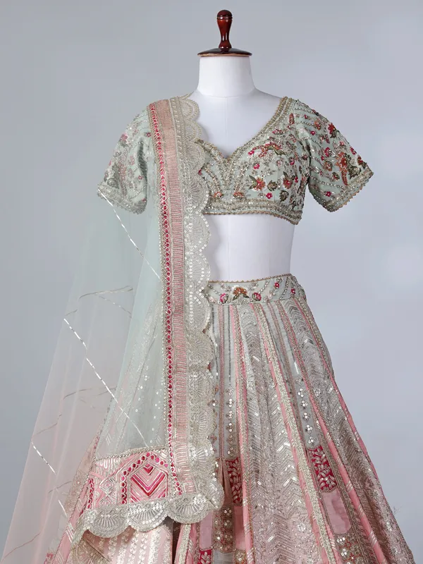 Pista silk zardosi embellished lehenga choli