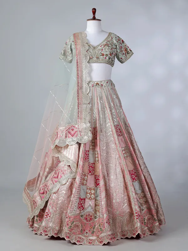 Pista silk zardosi embellished lehenga choli