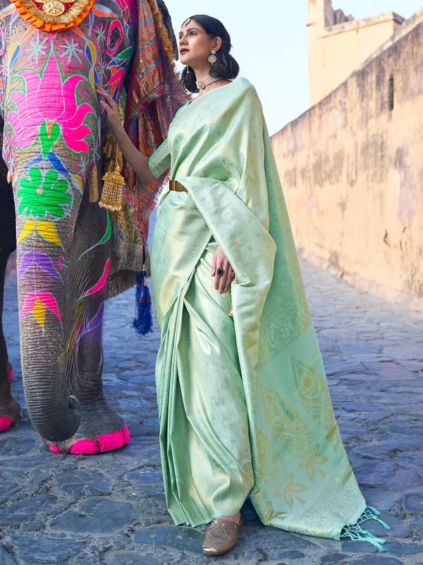 Pistachio green lavish wedding wear saree in silk