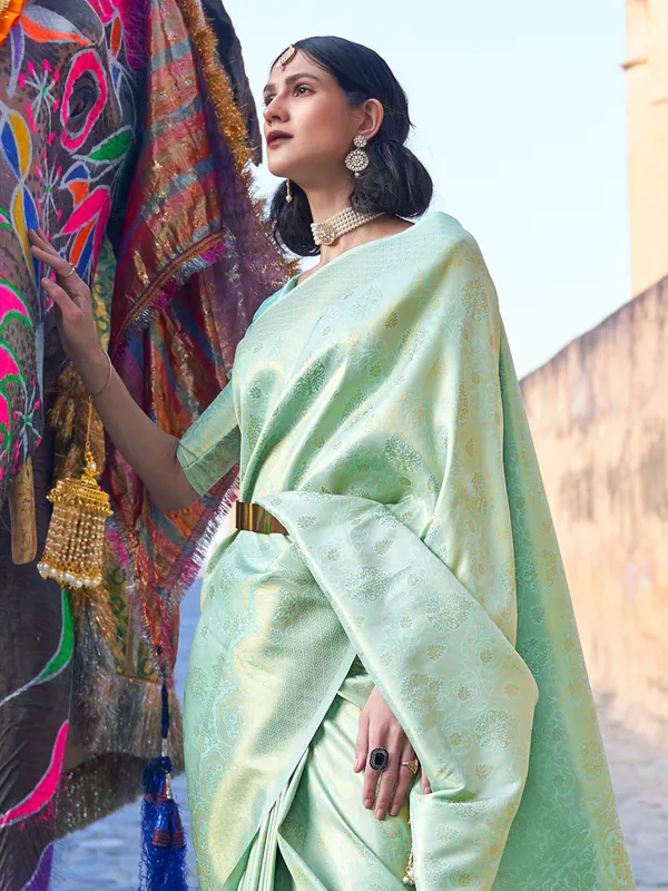 Pistachio green lavish wedding wear saree in silk