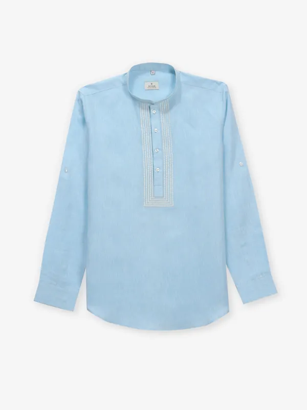 Plain aqua blue cotton kurta style shirt