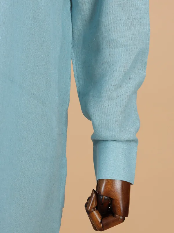 Plain aqua blue cotton silk kurta set for men