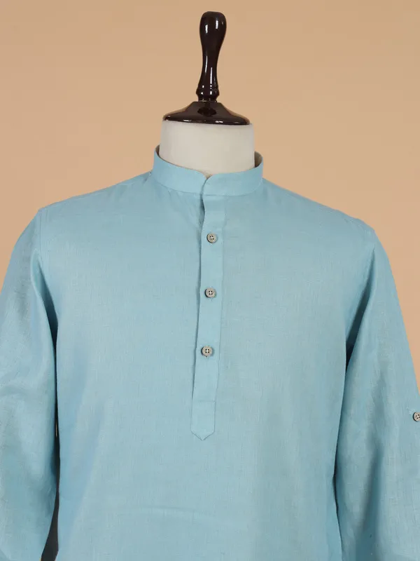 Plain aqua blue cotton silk kurta set for men
