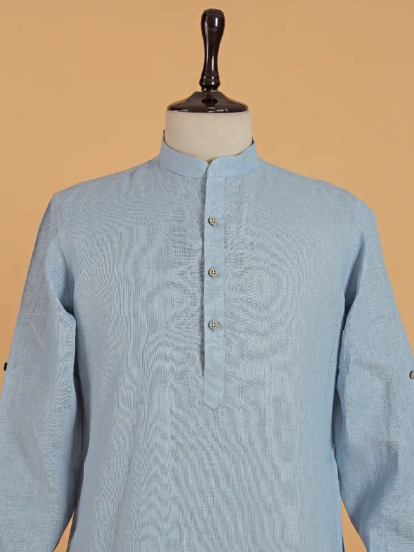Plain cotton blue kurta for men