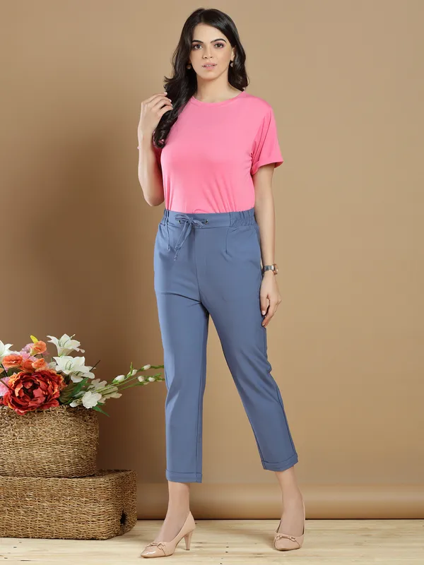 Plain cotton casual wear aqua blue pant