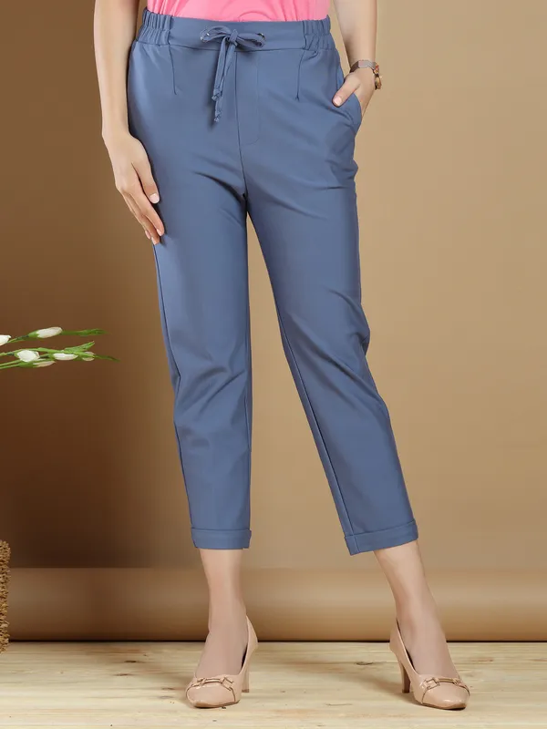 Plain cotton casual wear aqua blue pant