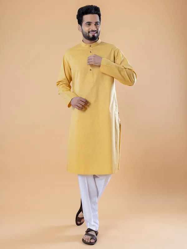 Plain cotton kurta suit in yellow