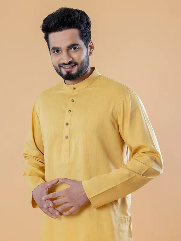 Plain cotton  Men Kurta pajama in yellow