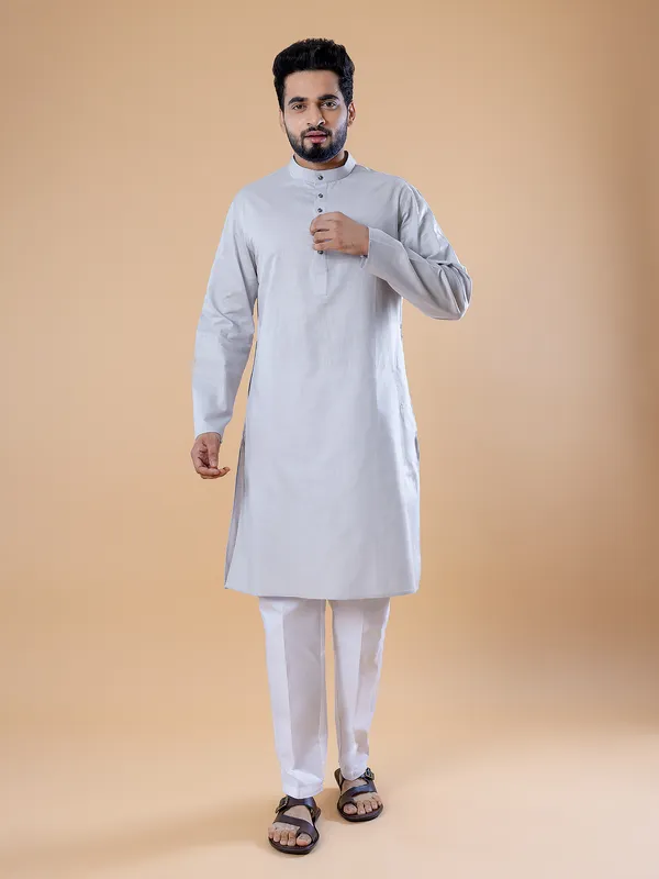 Plain cotton light grey kurta suit