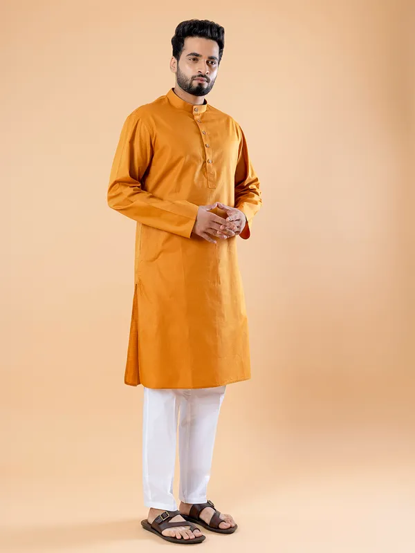 Plain cotton mustard yellow kurta suit