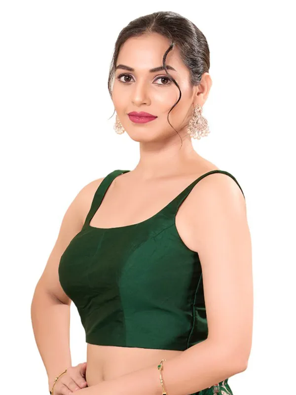 Plain dark green silk ready made blouse