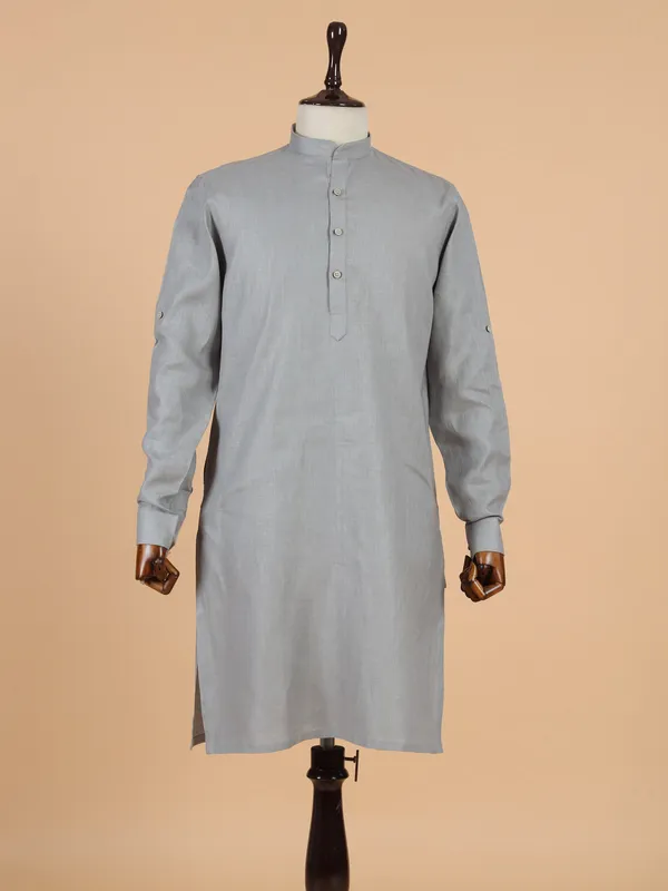 Plain grey cotton silk kurta set for men