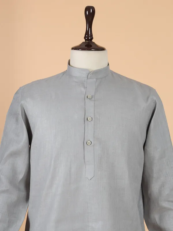 Plain grey cotton silk kurta set for men