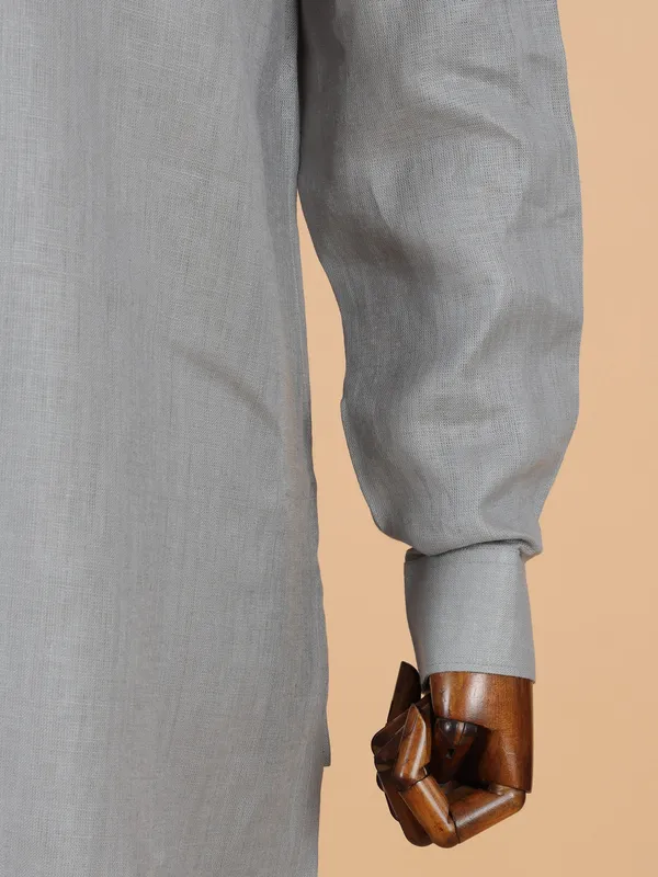 Plain grey cotton silk kurta set for men