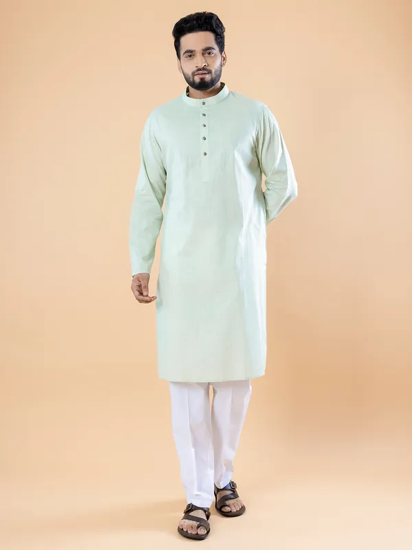 Plain pista green kurta suit in cotton