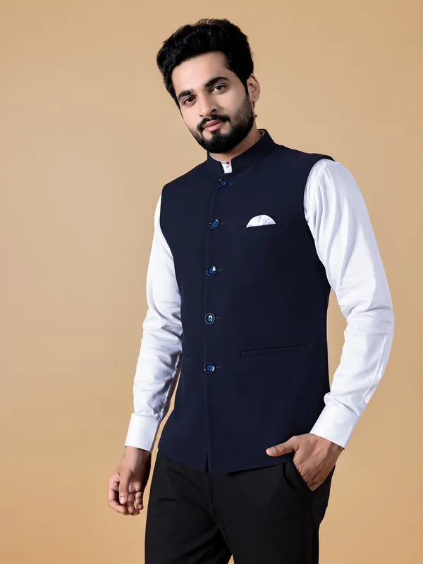 Plain navy terry rayon waistcoat