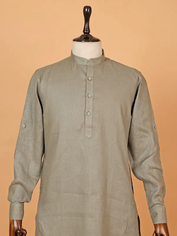 Plain olive cotton kurta set for men