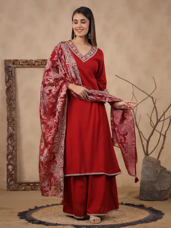 Plain red silk palazzo set