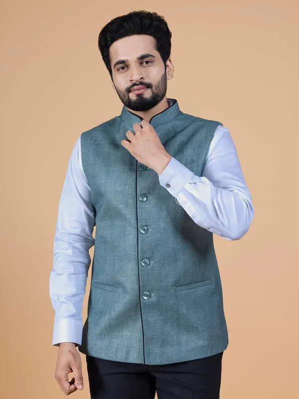 Plain stone blue jute silk waistcoat