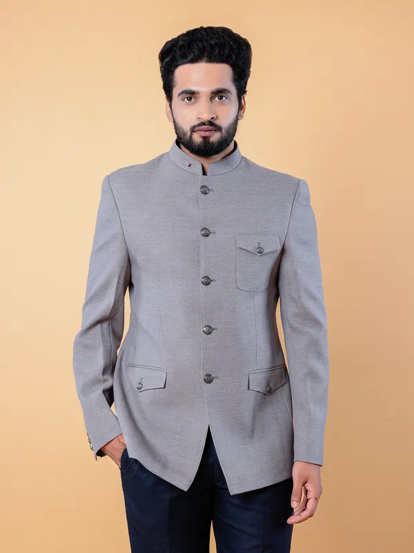 Plain terry rayon jodhpuri blazer in light grey