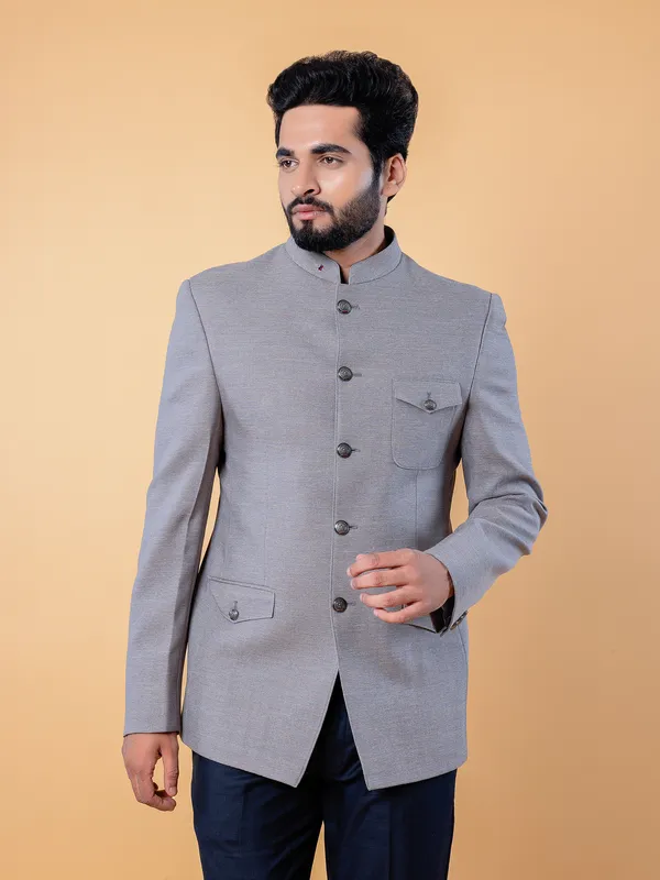 Plain terry rayon jodhpuri blazer in light grey