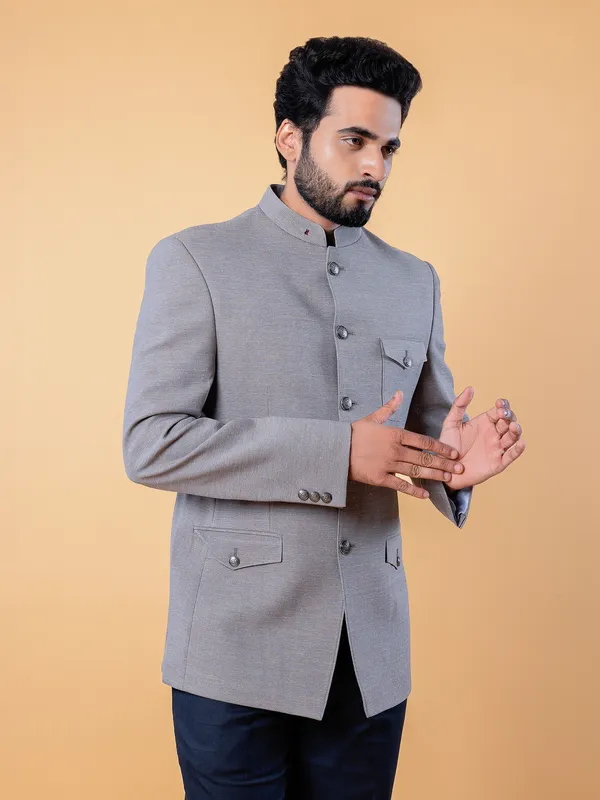 Plain terry rayon jodhpuri blazer in light grey