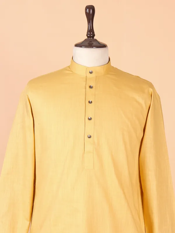 Plain yellow cotton silk festive style kurta suit suit for men