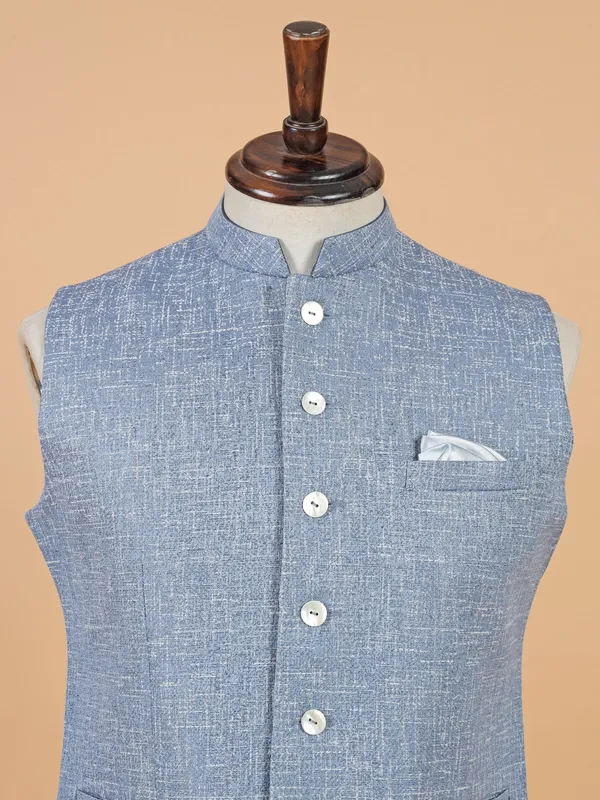 Powder blue cotton silk waistcoat for men
