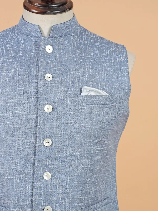 Powder blue cotton silk waistcoat for men