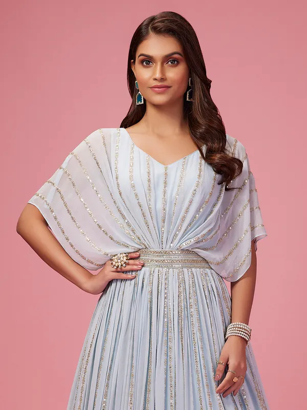 Powder blue georgette floor length style gown