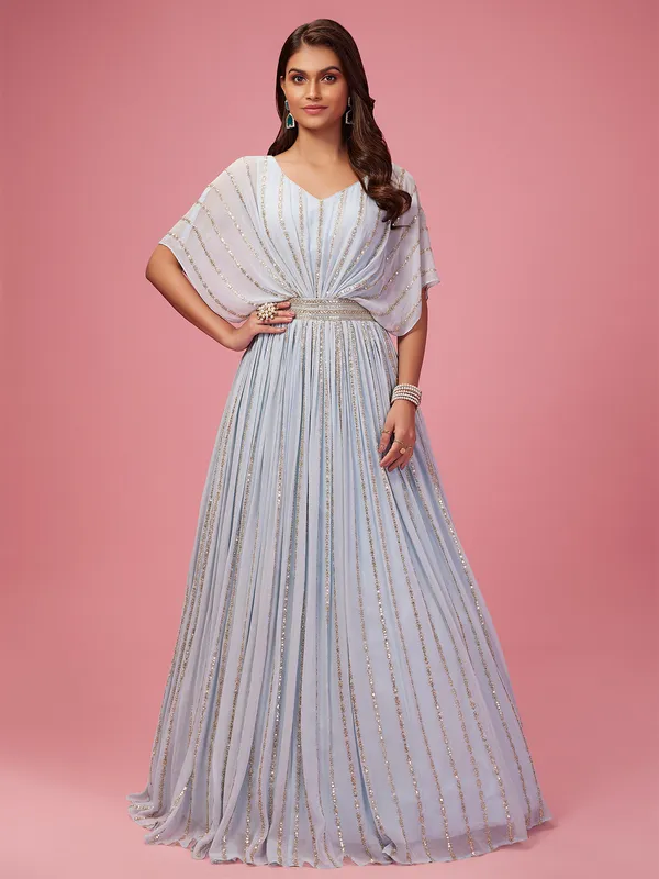 Powder blue georgette floor length style gown