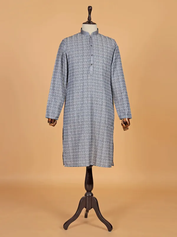 Powder blue printed cotton silk kurta suit